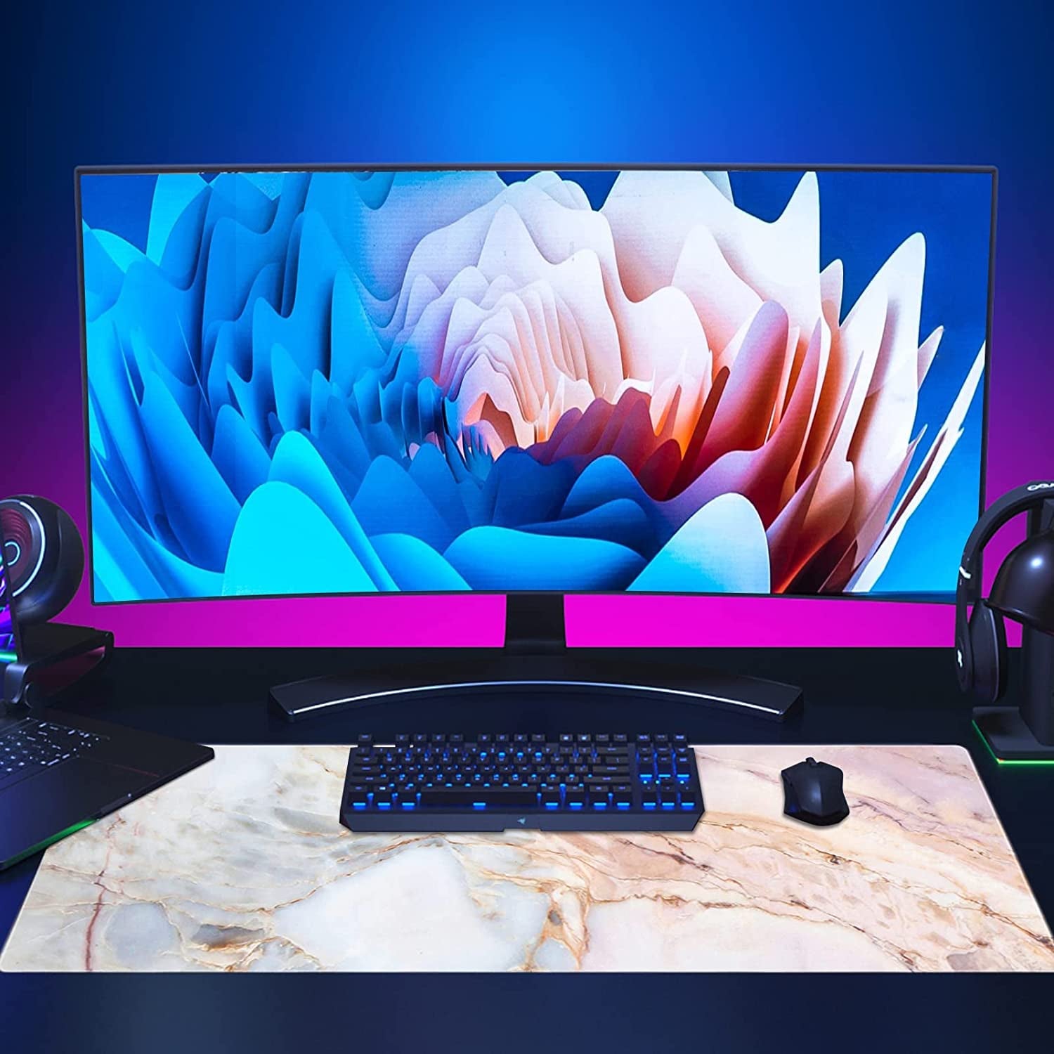 Large Gaming XXL Mouse Pad, Oversized Extended Mouse Mat Pink Marble Desk Pad Keyboard Pad (31.5"X11.8"X0.12") Non-Slip Rubber Stitched Edges(Marble)