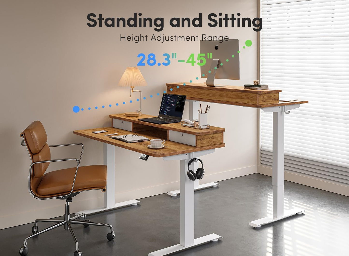 48 X 24 Inch Height Adjustable Electric Standing Desk with Double Drawer, Stand up Desk with Storage Shelf, Sit Stand Desk, Light Wood