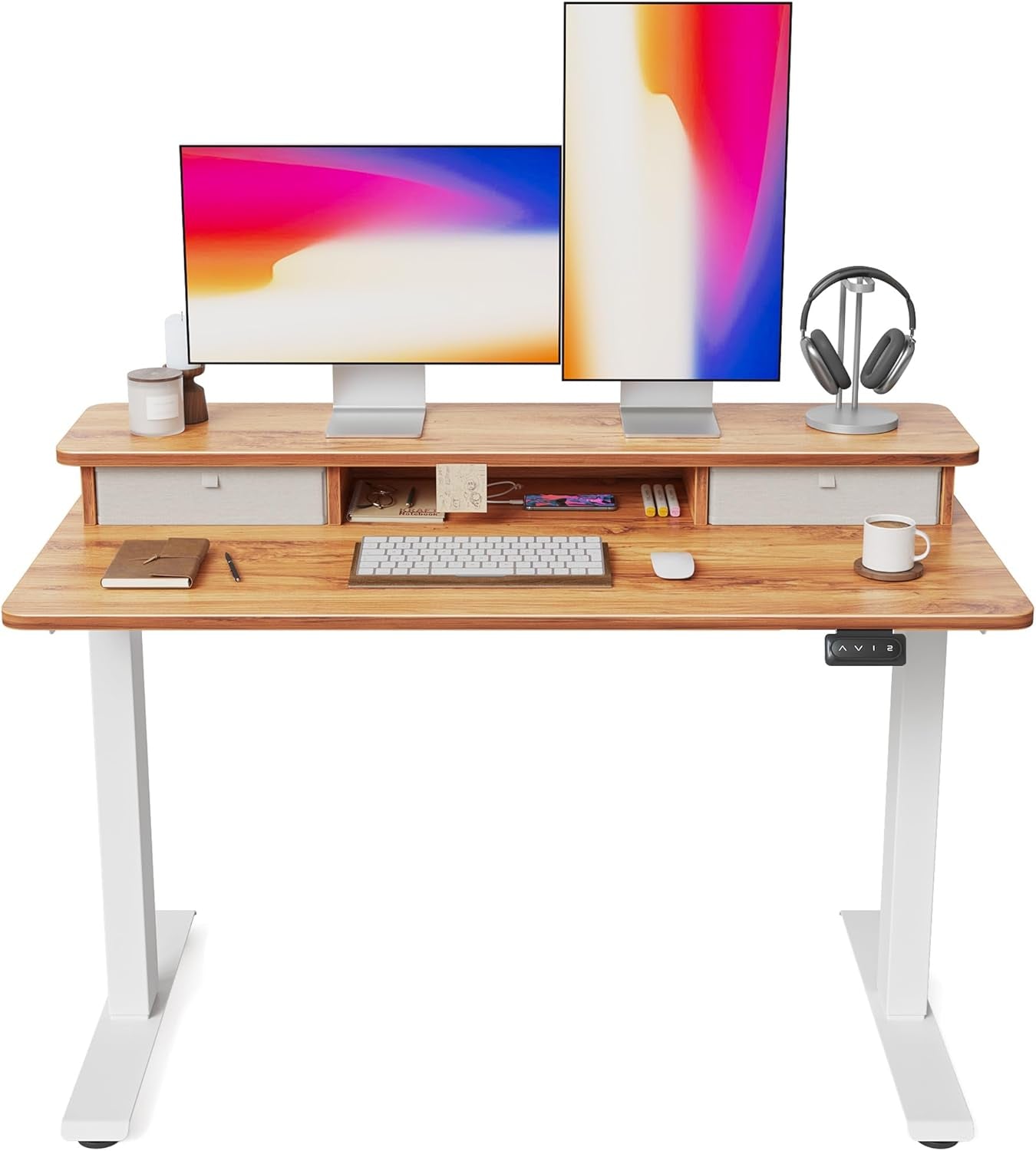 48 X 24 Inch Height Adjustable Electric Standing Desk with Double Drawer, Stand up Desk with Storage Shelf, Sit Stand Desk, Light Wood